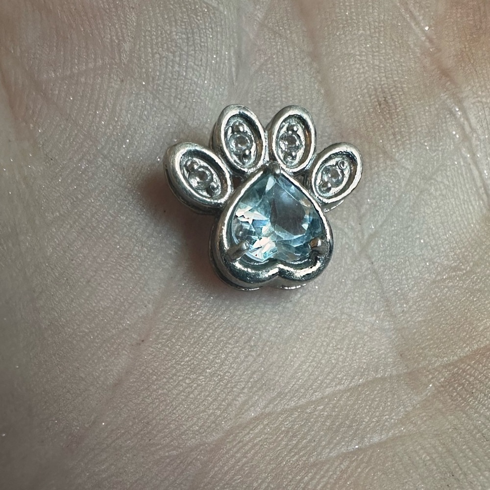 Sterling Silver Paw Print Charm with Blue Topaz and Clear Color Stones